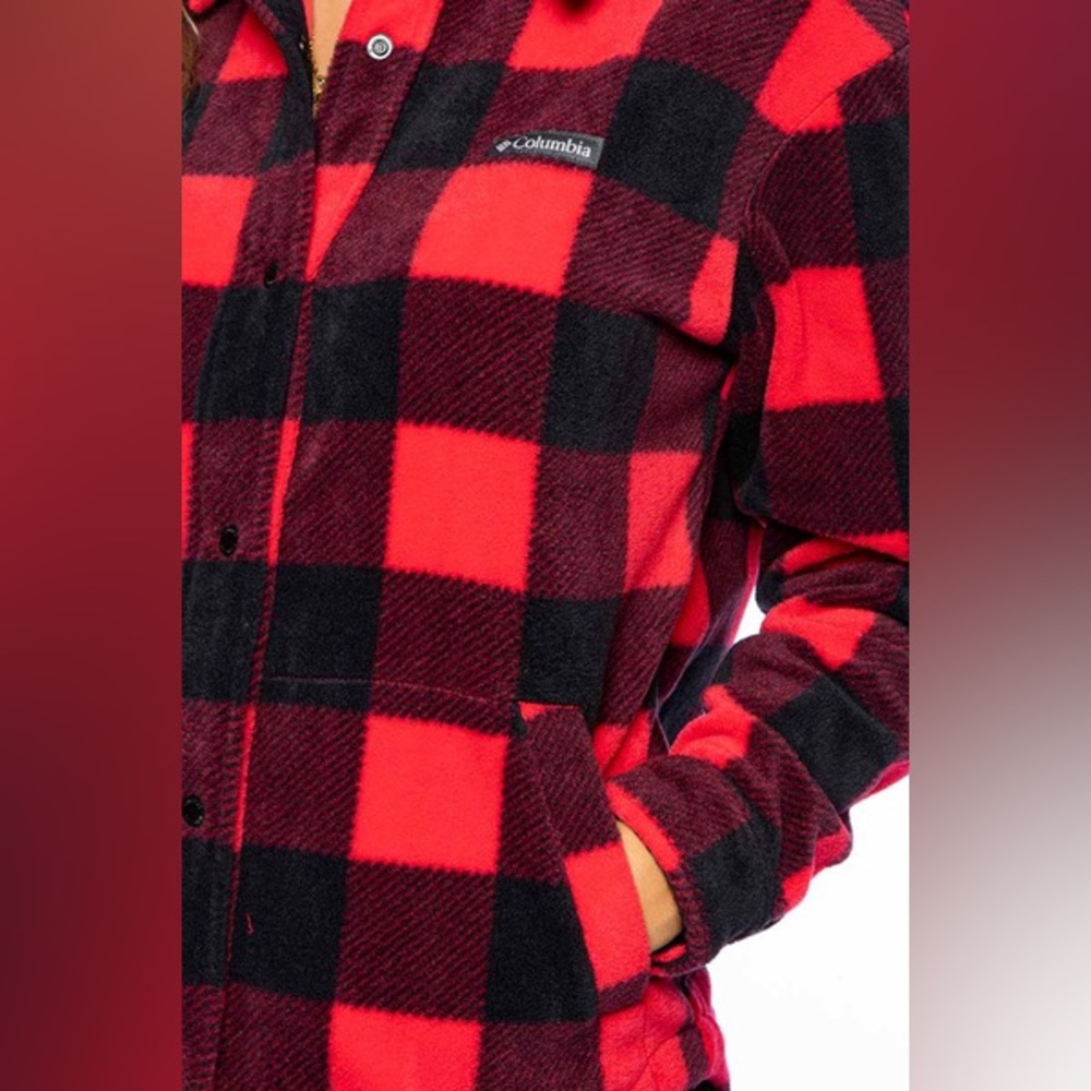 Columbia Red Black Buffalo Plaid Fleece Jacket Button Front Cozy Cabin Core